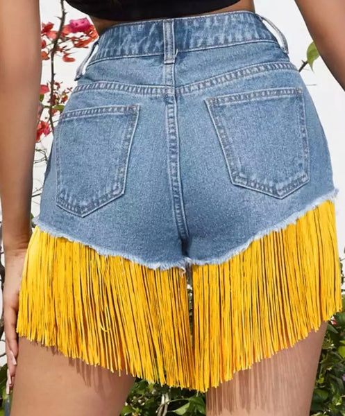 Women Ripped Yellow Tassel Denim Shorts