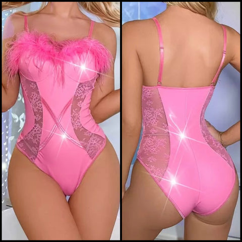 Women Sexy Pink Feather Lace Patchwork Bodysuit Lingerie