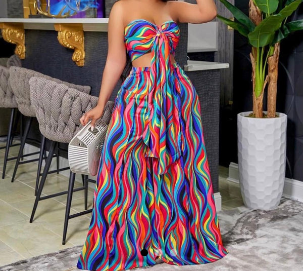 Women Fashion Strapless Tie Up Multicolored Two Piece Wide Leg Pant Set