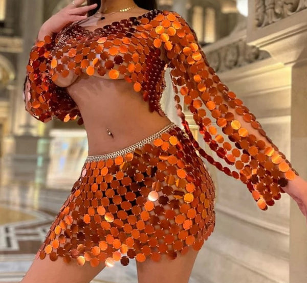 Women Sexy Orange Mirror Full Sleeve Chain Two Piece Skirt Set