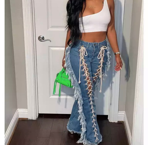 Women Fashion Lace Up Fringe Denim Pants
