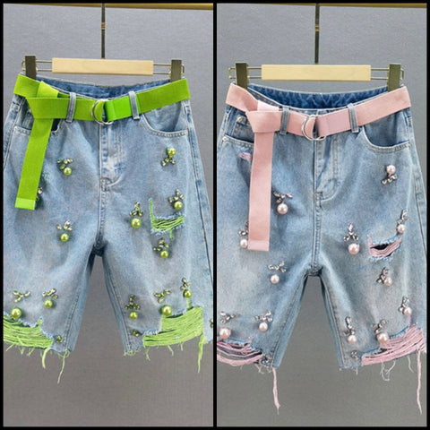 Women Color Pearl Ripped Fashion Belted Denim Shorts