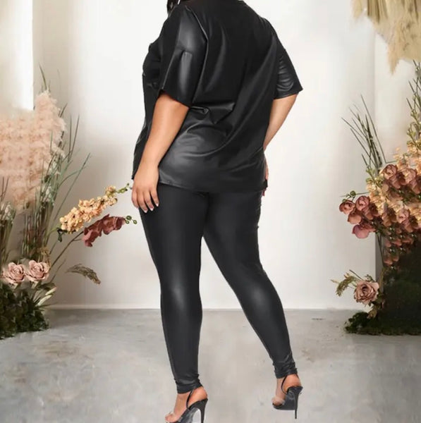 Women Fashion Black PU Short Sleeve Two Piece Pant Set