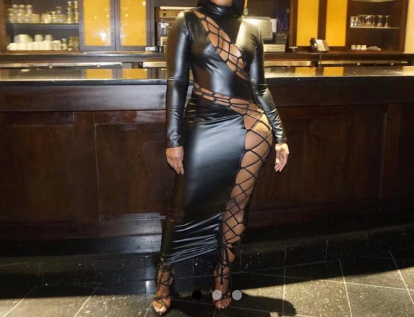 Women Sexy Cut Out Full Sleeve PU Maxi Dress