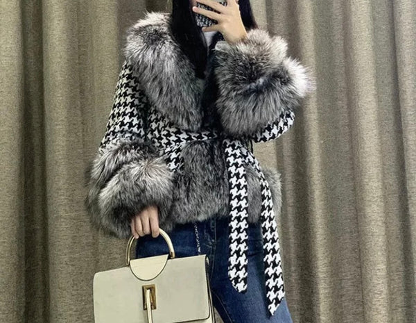 Women Fashion Faux Fur Patchwork Houndstooth Print Jacket