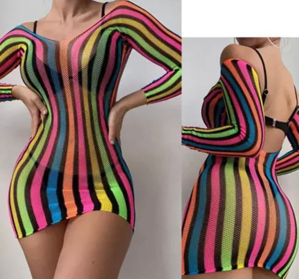 Women Sexy Multicolored Striped Mesh Dress Lingerie
