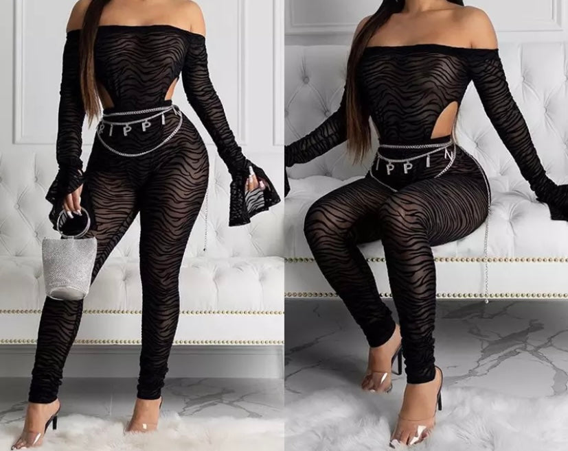 Women Sexy Off The Shoulder Printed Mesh Two Piece Pant Set