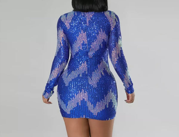 Women Sexy Blue Sequins Full Sleeve Dress