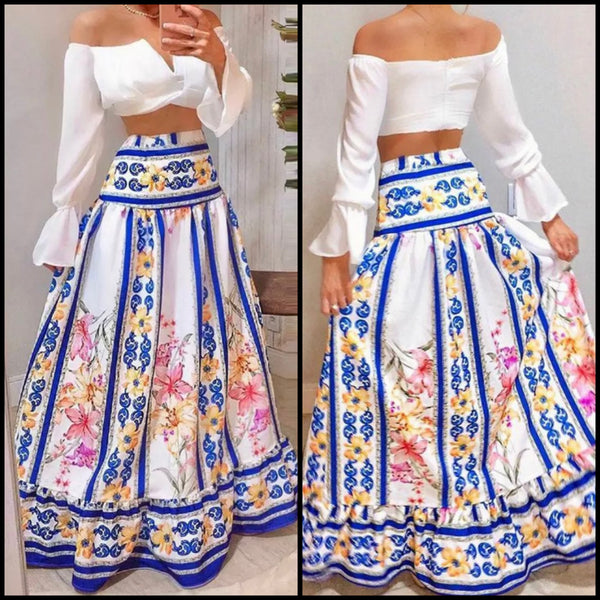 Women Sexy Off The Shoulder Full Sleeve Crop Two Piece Floral Maxi Skirt Set