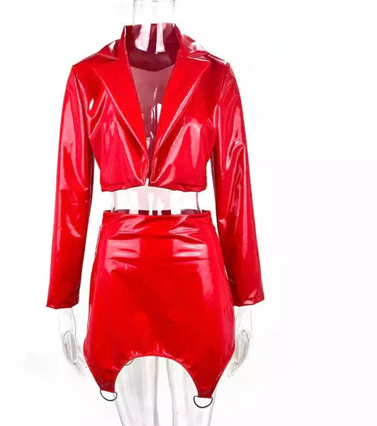 Women Sexy Fashion PU Two Piece Jacket Skirt Set