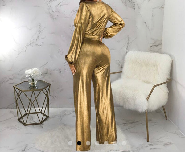 Women Sexy Metallic Full Sleeve V-Neck Jumpsuit