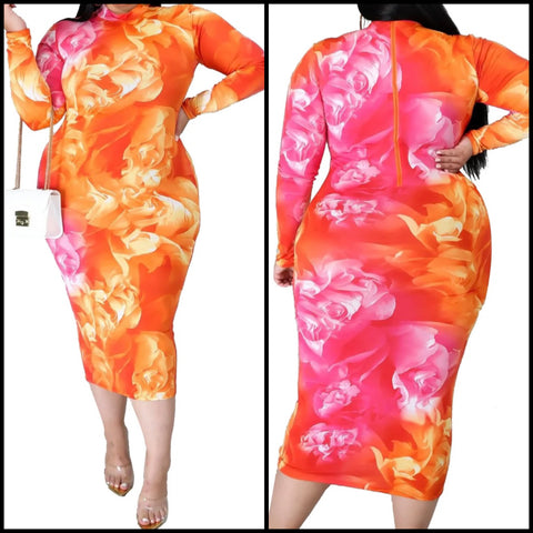 Women Sexy Color Patchwork Floral Full Sleeve Dress