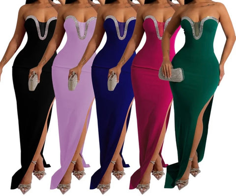 Women Sexy Strapless Bling Patchwork Side Split Maxi Dress
