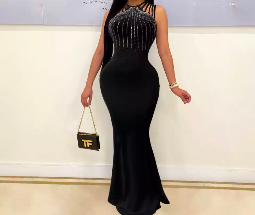 Women Sexy Sleeveless Rhinestone Maxi Dress