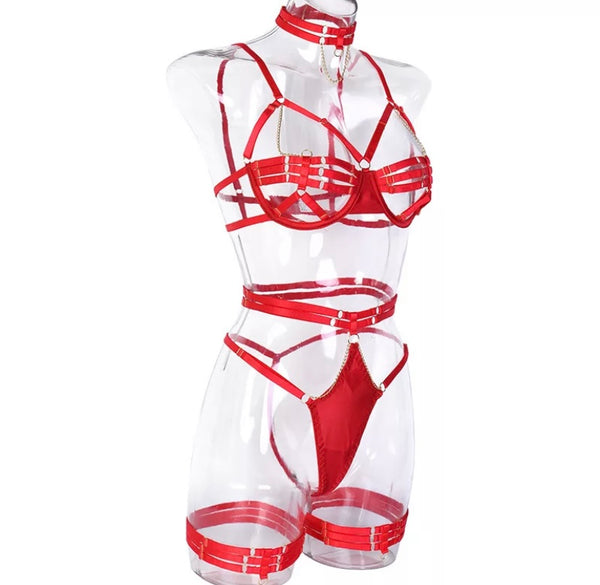 Women Sexy Red Chain Lingerie Set