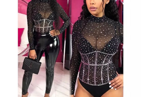 Women Sexy Mesh Bling Long Sleeve Bodysuit Top