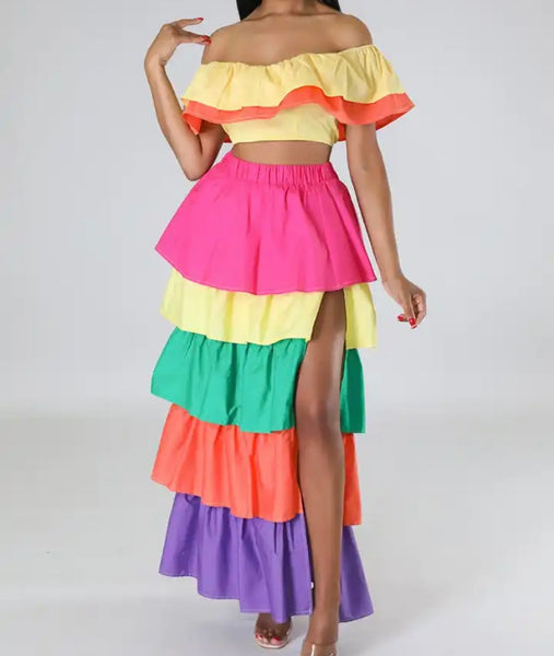 Women Colorful Ruffled Off The Shoulder Two Piece Maxi Skirt Set