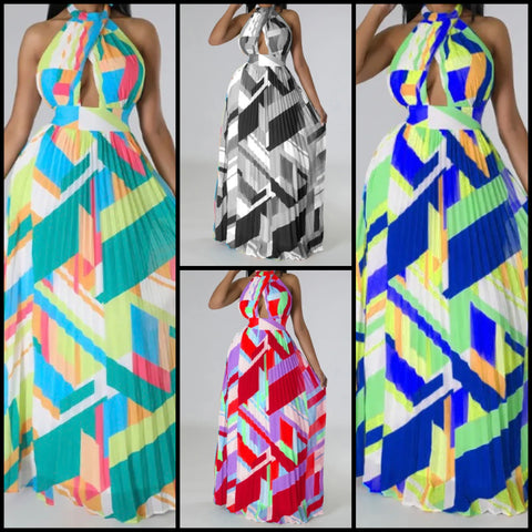 Women Sexy Multicolored Print Halter Pleated Maxi Dress
