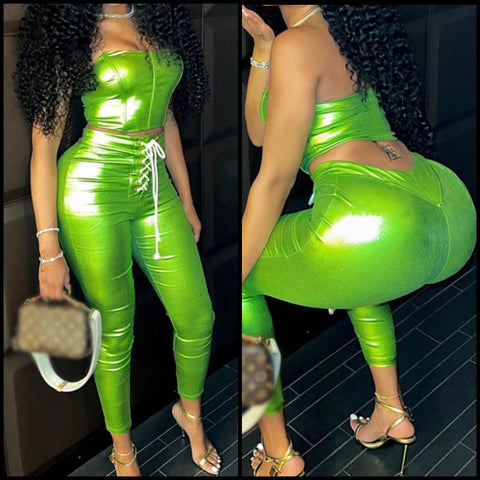 Women Sexy Green PU Strapless Two Piece Pant Set