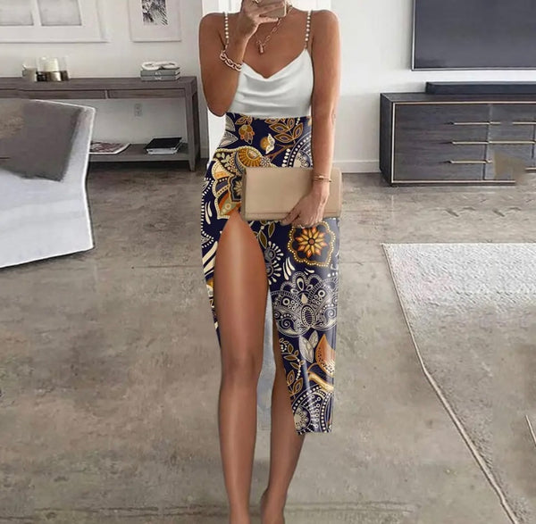 Women Sexy Sleeveless Printed High Side Slit Dress