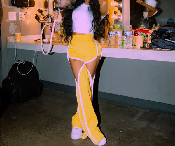 Women Fashion Yellow Striped Cut Out Pants