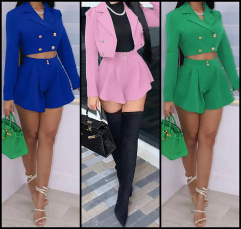 Women Fashion Full Sleeve Button Up Blazer Two Piece Short Set