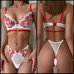 Women Sexy Red/White Floral Mesh Lingerie Set