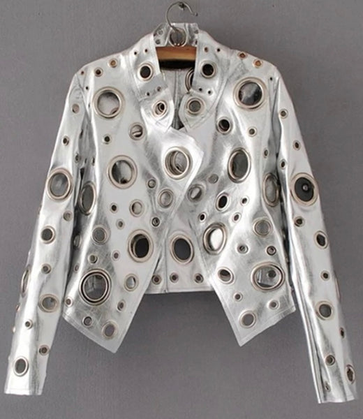 Women Leather Fashion Metallic Hollow Out Jacket