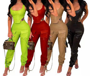 Women Solid Color Sleeveless PU Fashion Pant Set