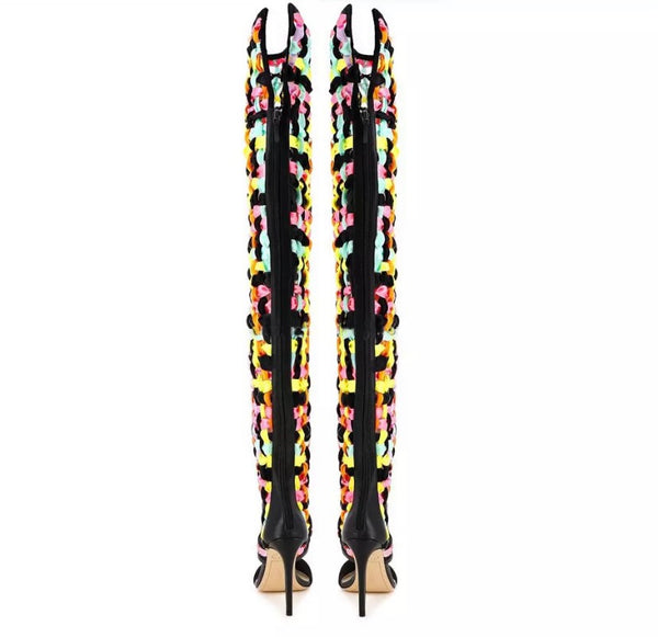 Women Fashion Color Patchwork Knee High Boots