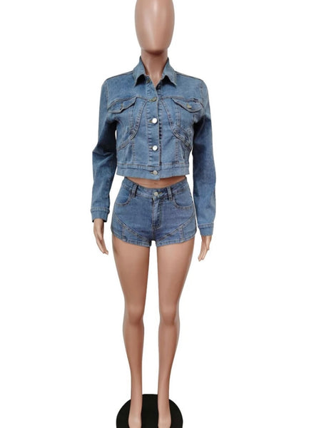 Women Denim Fashion Two Piece Jacket Short Set