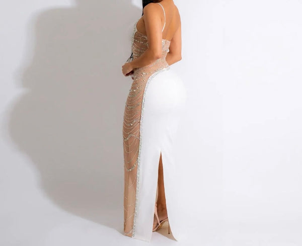 Women Sexy Sleeveless One Shoulder Bling Mesh Patchwork Maxi Dress