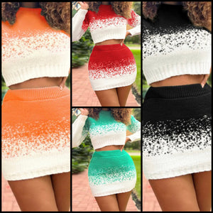 Women Color Contrast Sexy Two Piece Sweater Skirt Set