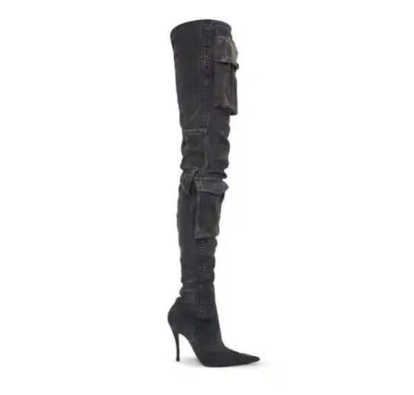 Women Pocket Over The Knee Denim Fashion Boots