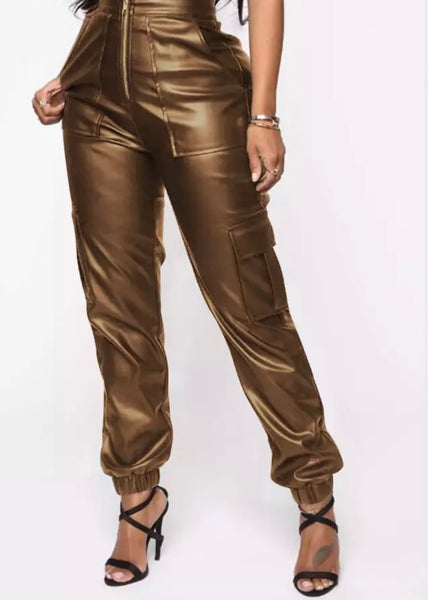 Women Fashion High Waist PU Pants