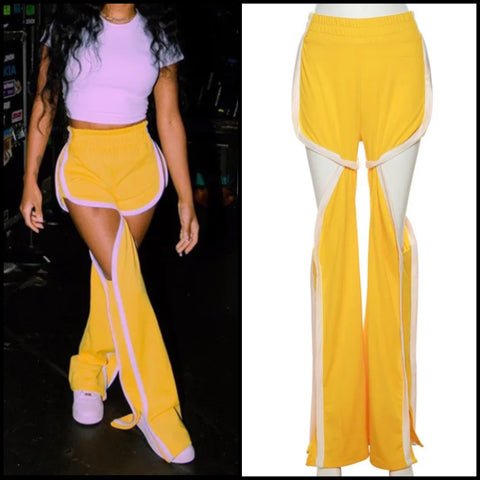 Women Fashion Yellow Striped Cut Out Pants