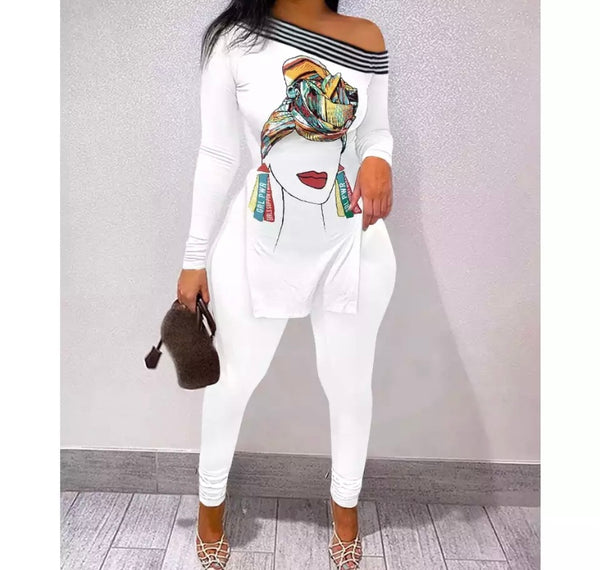 Women Off The Shoulder Printed Fashion Two Piece Pant Set