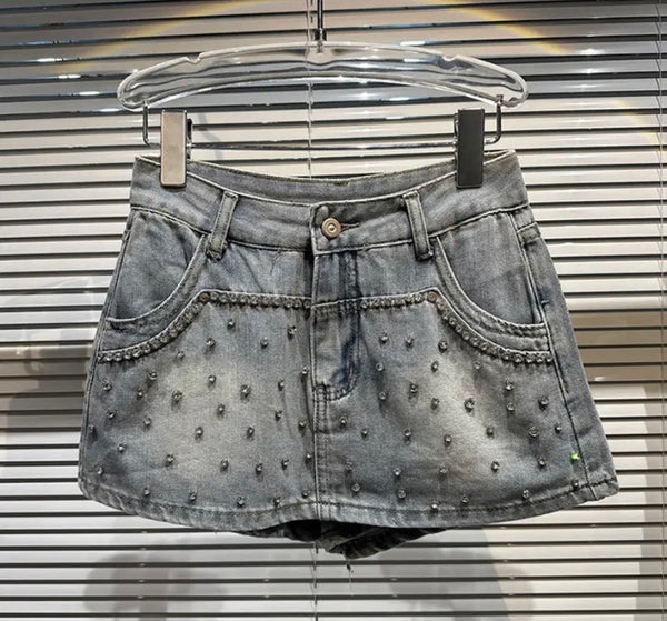 Women Rhinestone Fashion Denim Wrap Shorts