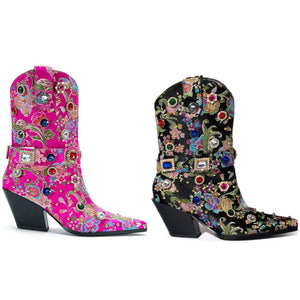 Women Fashion Floral Crystal Western Ankle Boots