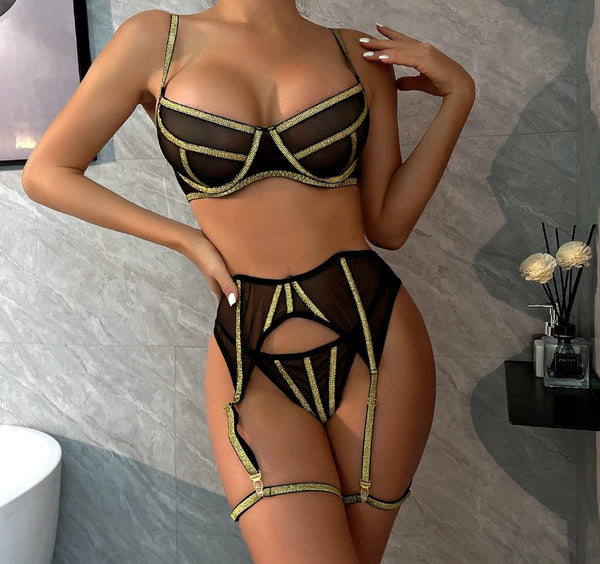 Women Sexy Silver/Gold Mesh Lingerie Set