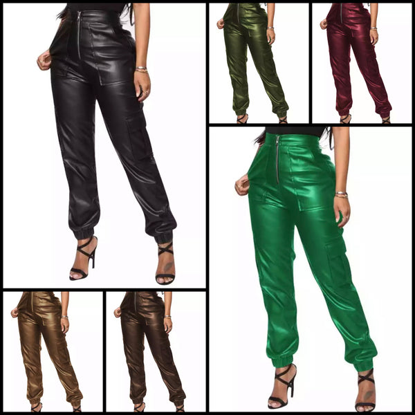 Women Fashion High Waist PU Pants