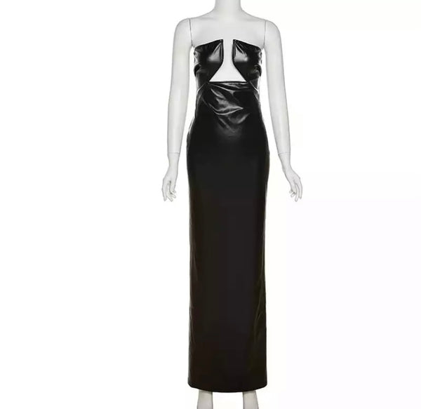 Women Sexy Black PU Strapless Maxi Dress