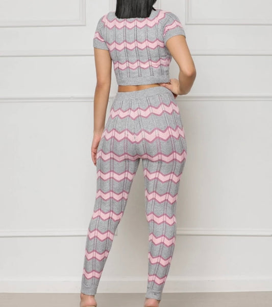 Women Fashion Color Patchwork Short Sleeve Two Piece Pant Set