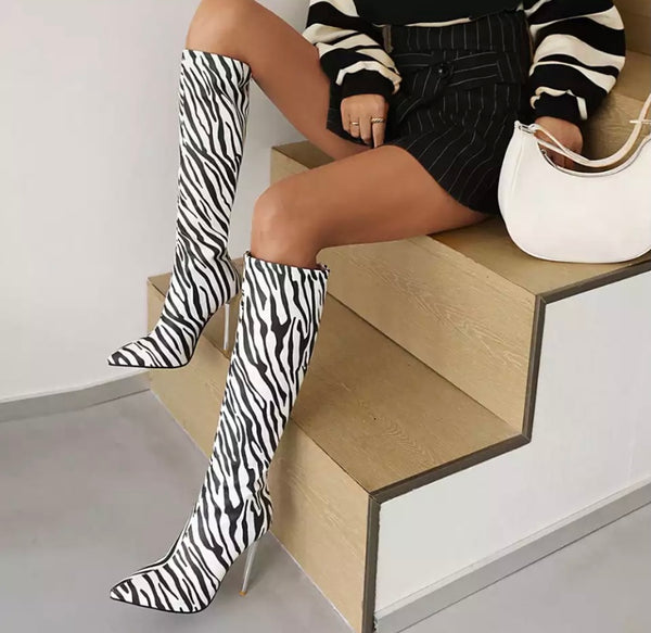 Women Zebra Print High Heel Knee High Boots
