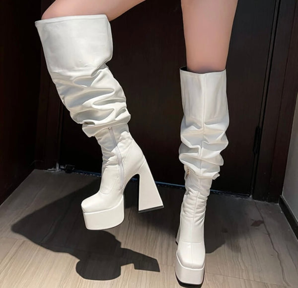 Women Faux Leather Fashion Ruched Over The Knee Boots