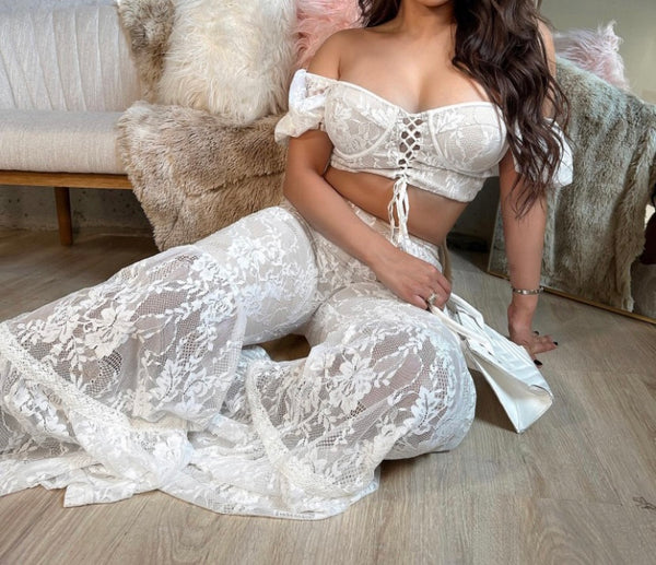 Women Sexy White Lace Off The Shoulder Two Piece Pant Set