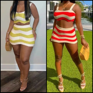 Women Sleeveless Color Patchwork Striped Sexy Two Piece Skirt Set