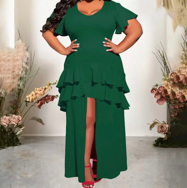 Women Sexy Short Sleeve Front Slit Ruffled Maxi Dress