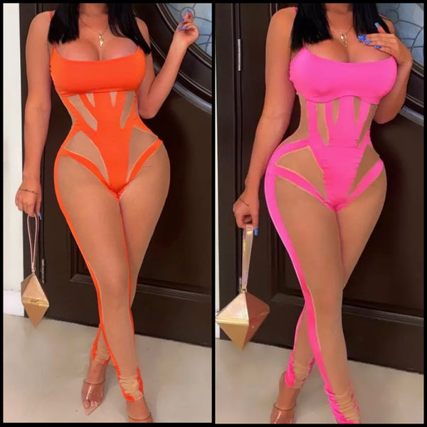 Women Sexy Sleeveless Mesh Patchwork Fashion Jumpsuit