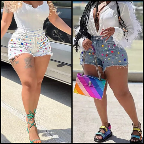 Women Fashion Colorful Rhinestone Denim Shorts